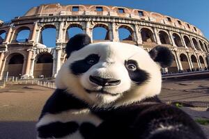 ai generativo contento turista tomando un selfie a el coliseo Roma Italia foto