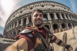 ai generativo contento turista tomando un selfie a el coliseo en Roma Italia foto