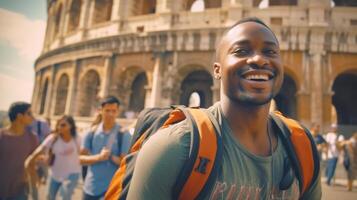 AI Generative Happy tourist taking a selfie at the Colosseum Rome Italy photo