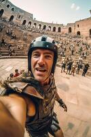 ai generativo contento turista tomando un selfie a el coliseo en Roma Italia foto