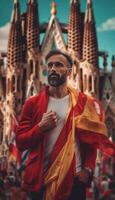 AI Generative Happy tourist visiting La Sagrada Familia Barcelona Spain  Smiling man taking a selfie outdoor on city street  Tourism and vacations concept photo