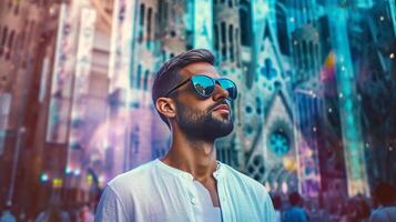 AI Generative Happy tourist visiting La Sagrada Familia Barcelona Spain  Smiling man taking a selfie outside on city street  Tourism and vacations concept photo