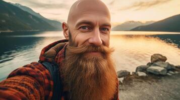 AI Generative Happy traveller man takes a selfie photo on a lake at the mountain