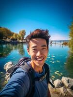 AI Generative Happy traveller man takes a selfie photo on a lake at the mountain