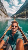 ai generativo contento viajero hombre toma un selfie foto en un lago a el montaña