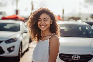 ai generativo contento mujer comprando nuevo coche encantador niña demostración auto llaves a el cámara automóvil industria y alquiler coche concepto foto