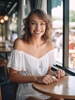 AI Generative Happy woman smiling at the camera having fun with friends outdoor at the restaurant photo