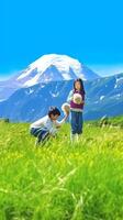 AI Generative Happy young couple having fun doing piggyback on a beautiful green meadow Romantic tourist enjoying the weekend visiting dolomiti alps photo