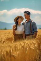 AI Generative Happy young couple having fun on a wheat field at summer  Two lovers travelling in the nature photo