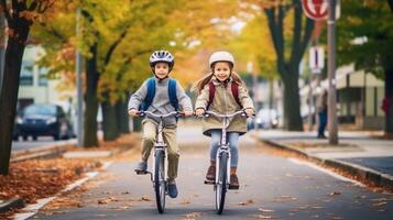 AI Generative Happy young couple having fun going for a bike ride on a autumn day in the city photo