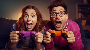 AI Generative Happy young couple having fun playing videogames at home Concept about videogames lifestyle people and technology photo