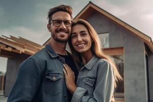 ai generativo contento joven Pareja en pie en frente de nuevo hogar marido y esposa comprando nuevo casa vida estilo real inmuebles concepto foto