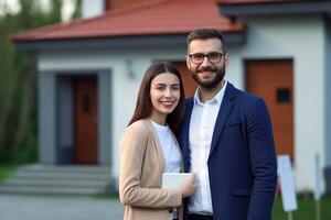 ai generativo contento joven Pareja en pie en frente de nuevo hogar marido y esposa comprando nuevo casa vida estilo real inmuebles concepto foto