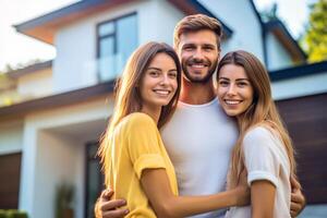 ai generativo contento joven Pareja en pie en frente de nuevo hogar marido y esposa comprando nuevo casa vida estilo real inmuebles concepto foto