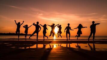 AI Generative Happy young teens dancing at the beach on beautiful summer sunset  caucasian people photo