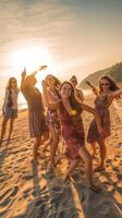 AI Generative Happy young teens dancing at the beach on beautiful summer sunset  caucasian people photo