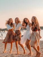 ai generativo contento joven adolescentes bailando a el playa en hermosa verano puesta de sol caucásico personas foto