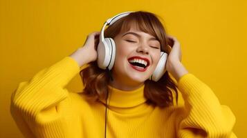 AI Generative Happy young woman singing and having fun while listening music using wireless headphones  Cheerful girl posing isolated on pastel yellow wall background studio portait photo