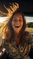 AI Generative Happy young woman takes a selfie on a convertible car at vacation at summertime photo