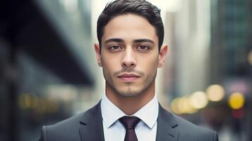 AI Generative Head shot portrait picture of business man looking at camera outdoors photo