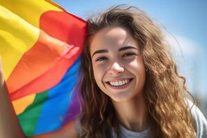 AI Generative Headshot portrait of gay woman looking at camera  Happy non binary female holding rainbow flag smiling outdoors  Gay pride and lgbtq community concept photo