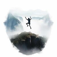 AI Generative Hiker man jumping over the mountain Freedom risk success and challenge Focus on man photo