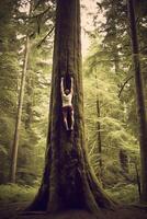 AI Generative Hiker is walking on a trunk of a tree in the forest  he is keeping in balance photo