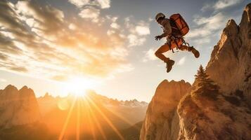 AI Generative Hiker man jumping over the mountain at sunset Freedom risk success and challenge Focus on man photo