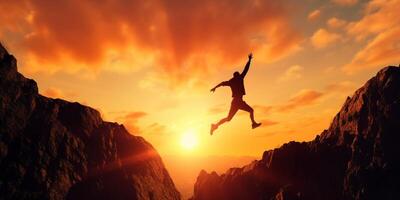 AI Generative Hiker man jumping over the mountain at sunset Freedom risk success and challenge Focus on man photo