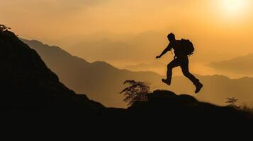 AI Generative Hiker man jumping over the mountain at sunset Freedom risk success and challenge Focus on man photo