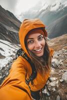 AI Generative Hiker taker a selfie with her smartphone during her trip  caucasian people  people lifestyle and technology concept photo