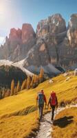 ai generativo caminantes visitando italiano alpino braies lago Pareja en amor disfrutando maravilloso ver de lago di braies en dolomitas sur Tirol Italia Europa foto