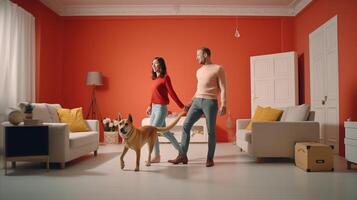 AI Generative Husband and wife and their dog moving in new home  Young couple just moved into new apartment  People and relocation concept photo