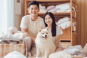 AI Generative Husband and wife and their dog moving in new home  Young couple just moved into new apartment  People and relocation concept photo