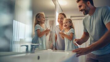 AI Generative Husband and wife sharing bathroom together at home shaving beard and washing teeth  Family life style concept photo