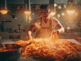 AI Generative Italian chef of a restaurant taking a selfie cooking spaghetti food photo