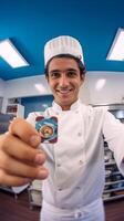 ai generativo italiano cocinero de un restaurante tomando un selfie Cocinando espaguetis comida foto