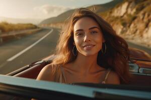 AI Generative Joyful young woman sitting on convertible car smiling at camera  Happy couple driving on the road with cabriolet car  People on roadtrip enjoying freedom  Transportation concept photo