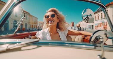 AI Generative Joyful young woman sitting on convertible car smiling at camera  Happy couple driving on the road with cabriolet car  People on roadtrip enjoying freedom  Transportation concept photo
