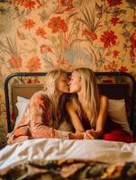 ai generativo lesbiana Pareja besos en el cama gay mujer juntos interior foto