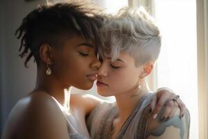 ai generativo lesbiana Pareja besos en el cama gay mujer juntos interior foto