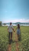 AI Generative Love couple Closeup Young woman holding man hand while leading him on nature outdoor Concept about travel and love photo