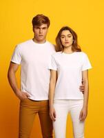 AI Generative Lovely couple posing for family portrait smile joyfully on a yellow wall background Happy tourist at holiday portrait Boyfriend and girlfriend on a date photo