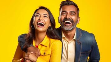AI Generative Lovely couple posing for family portrait smile joyfully on a yellow wall background Happy tourist at holiday portrait Boyfriend and girlfriend on a date photo