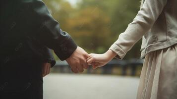 ai generativo amor Pareja de cerca joven mujer participación hombre mano mientras líder él en naturaleza al aire libre concepto acerca de viaje y amor foto