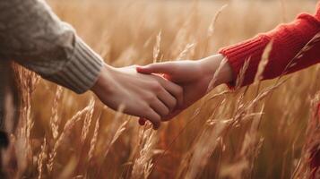 ai generativo amor Pareja de cerca joven mujer participación hombre mano mientras líder él en naturaleza al aire libre concepto acerca de viaje y amor foto