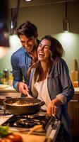 AI Generative Loving and smiling young couple cooking food in the kitchen photo