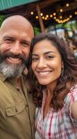 AI Generative Loving caucasian couple taking a selfie at the park outdoor  Concept about people technology nature and lifestyle photo