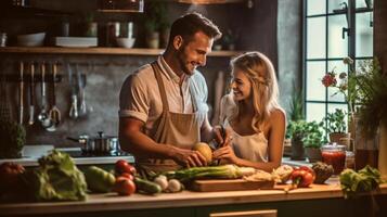 ai generativo amoroso Pareja Cocinando juntos vegetales en el cocina a hogar Clásico filtrar concepto acerca de comida personas y estilo de vida foto