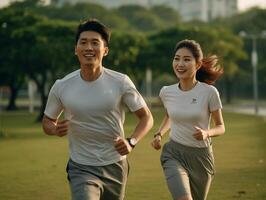 AI Generative Loving couple having fun running in the park  Boyfriend and girlfriend enjoying relationship together photo